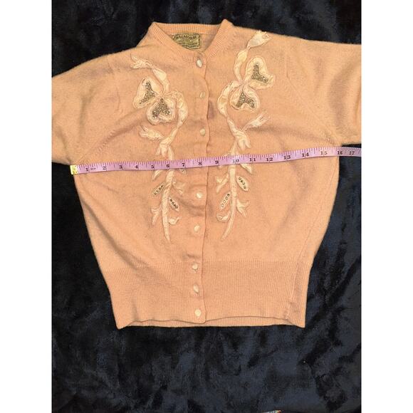 VINTAGE PEACH BALMORAL CASHMERE RHINESTONES & RIBBON TRIM CARDIGAN SWEATER - Picture 6 of 11